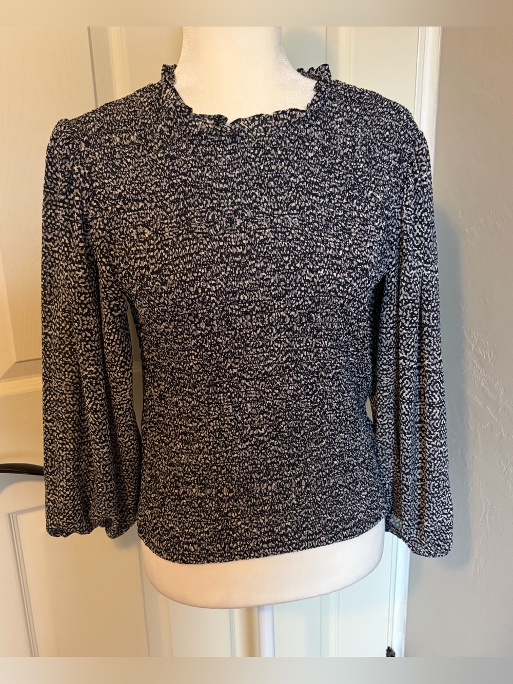 Express Black & white Speckled smocked long Sleeve Blouse polka dot